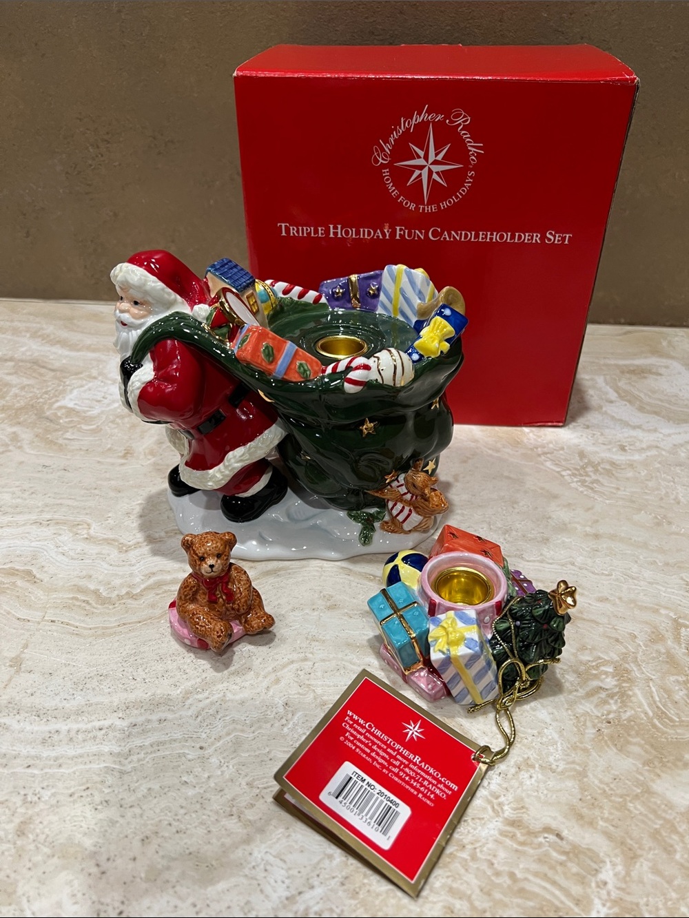 Christopher Radko Red, Green & Gold Santa with Gift Sack Candleholder - Picture 9 of 14